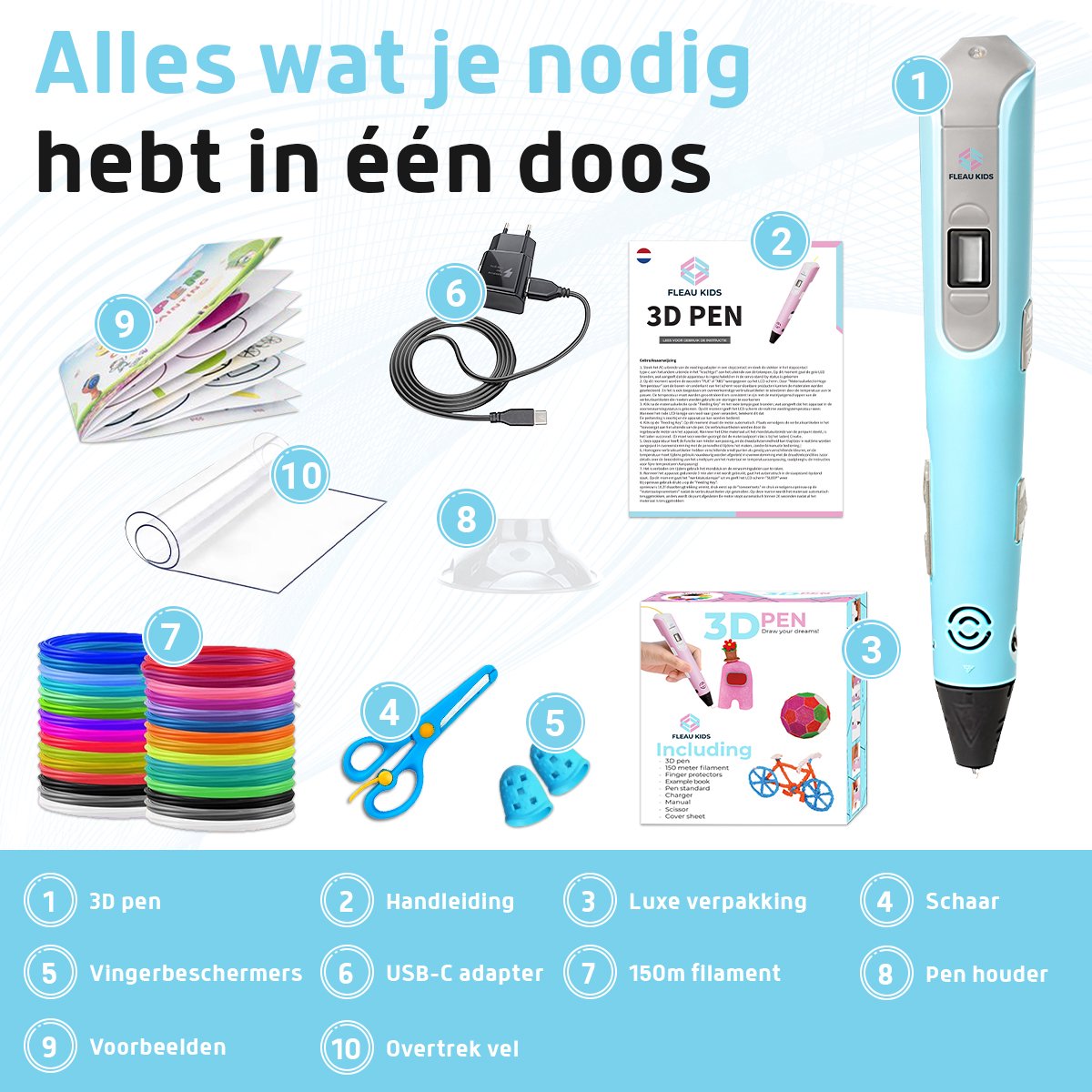 Fleau Kids 3D Pen Starterspakket Blauw XXL - 150m Filament - 30 Kleuren Vullingen - 2025 USB-C model + Vele Extra's - Knutselen en Tekenen - 3D Printen - Tekenset — afbeelding 9