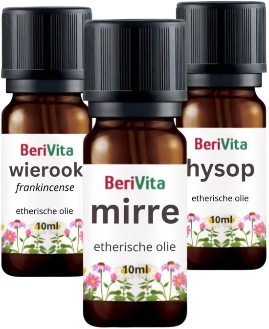 Drie Berivita etherische olie flesjes: wierook, mirre en hysop. Elk 10ml met bloemenprint.