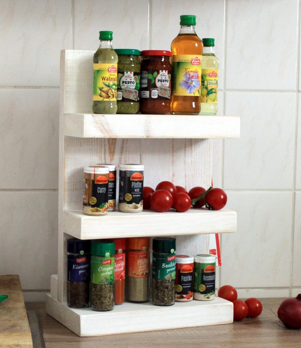 Houten Kruidenrek Staand - 3 Niveau's - Rustiek Wit - Massief Hout - Keuken Organizer