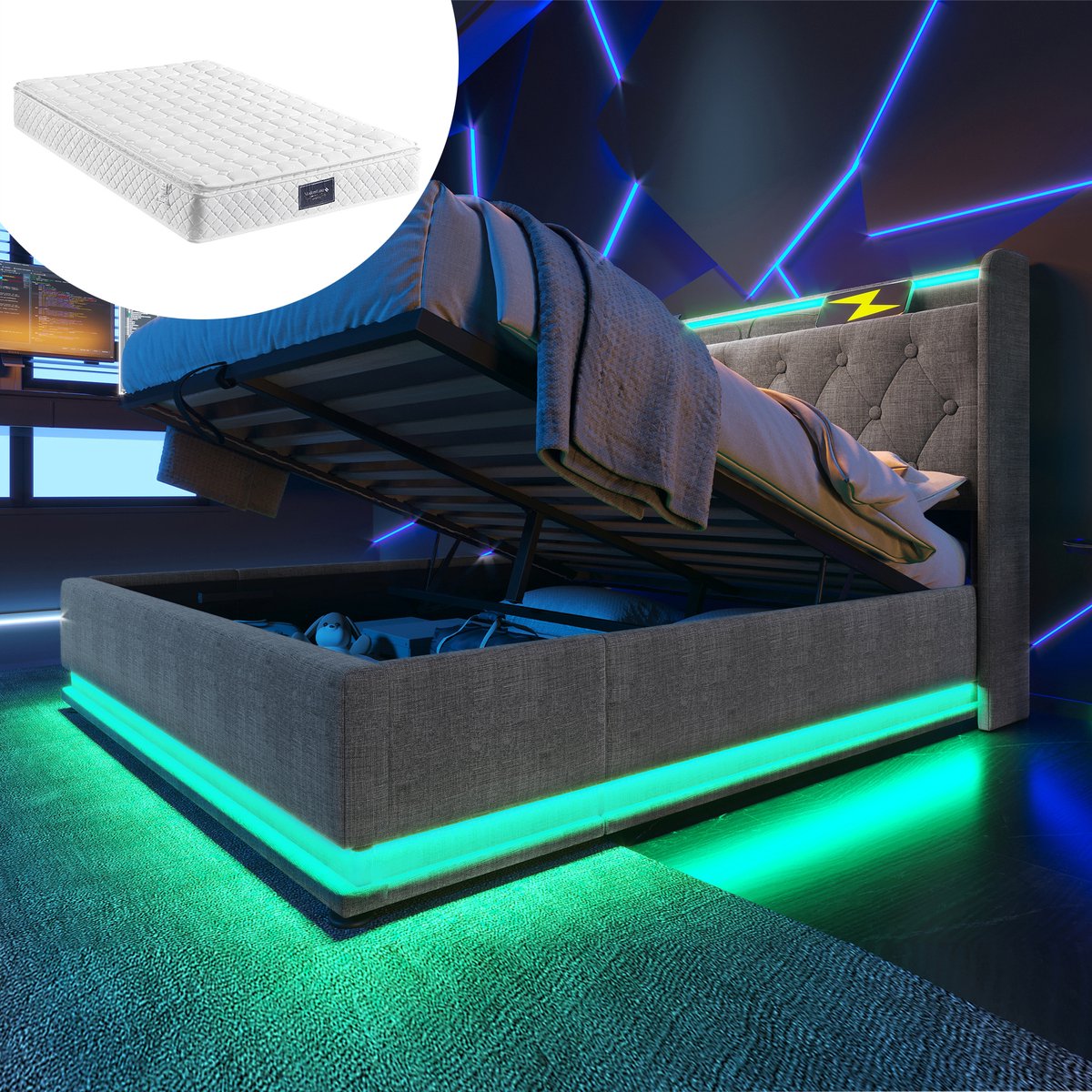 OKWISH Gestoffeerd Bed 160x200 cm – Met 360° LED En Hydraulische Opbergruimte – Hoofdeinde Met USB-C – Linnen – Grijs –Met matras