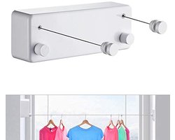 Uitschuifbare waslijn - Wasdrooglijn - Draagbare waslijn - Wandmontage - Dubbel touw - Geen boren nodig - Touwlengte 4,2 m - 24*8,8*5,7 cm - Inclusief schroeven en lijm - Geschikt voor balkons, wasruimtes, hotels, etc. - Wit
