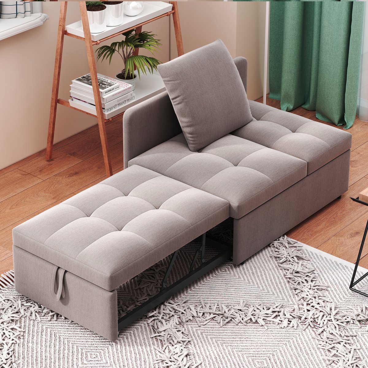 OKWISH Slaapbank 177x64,5x65 cm – 3-in-1 Omvouwbare Slaapbank Met 5-Standen Rugleuning – Voor Kleine Ruimtes En Gasten – Gestoffeerd – Zonder matras – Grijs
