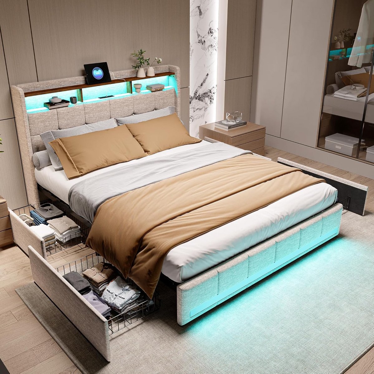 Gestoffeerd Tweepersoonsbed 140x200 cm met Opbergruimte, LED en USB-Poort | Beige Bedframe