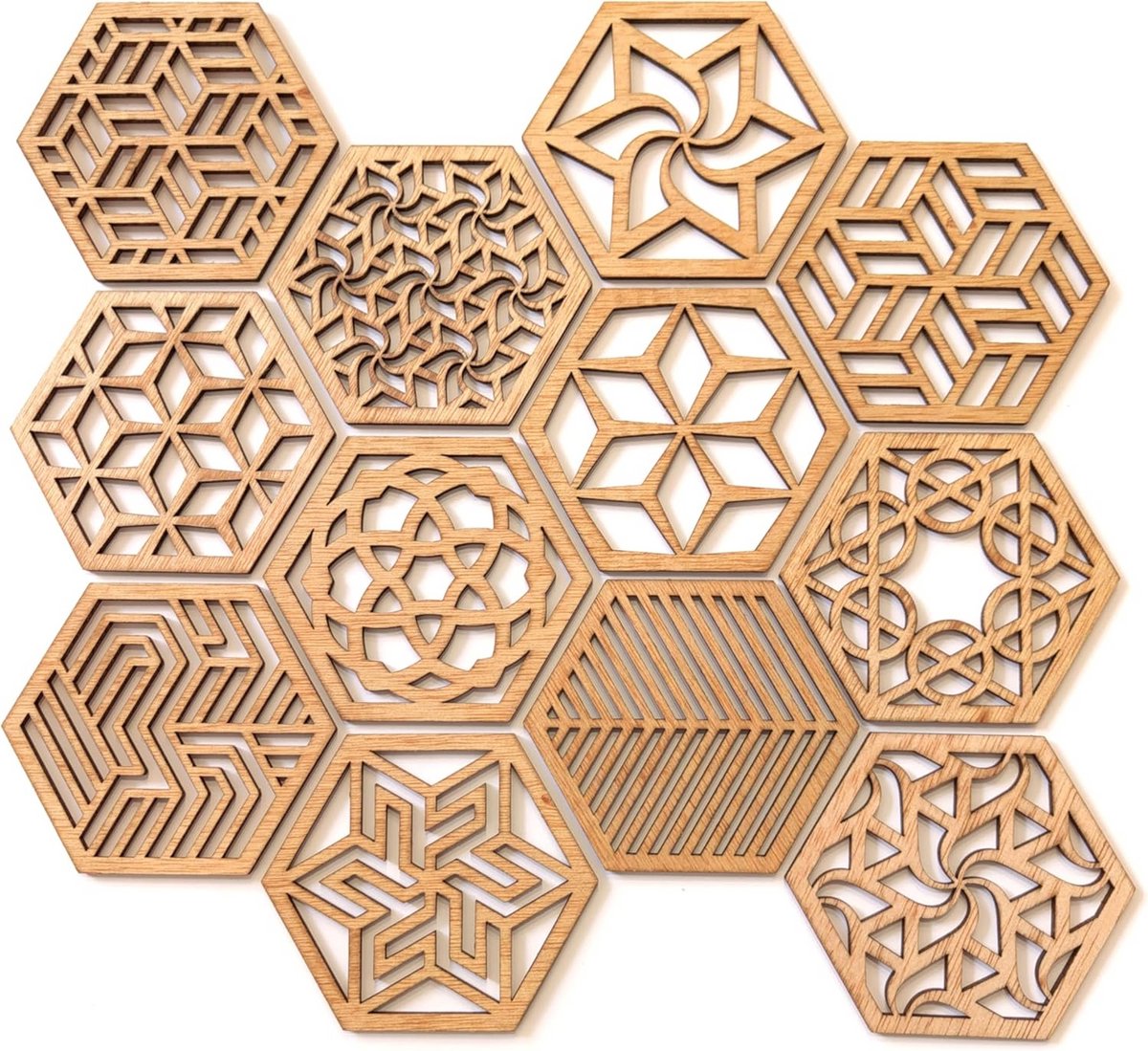 Set van 12 Zeshoekige Houten Onderzetters met Geometrisch Design