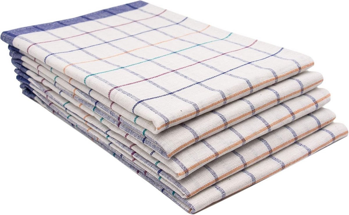 Katoenen Theedoeken Set van 5 - Blauw Geruit 50x70 cm