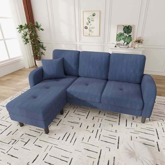 166 x 118 x 77 cm - Canapé d'angle en forme de L avec méridienne – canapé trois places - pieds en plastique - bleu