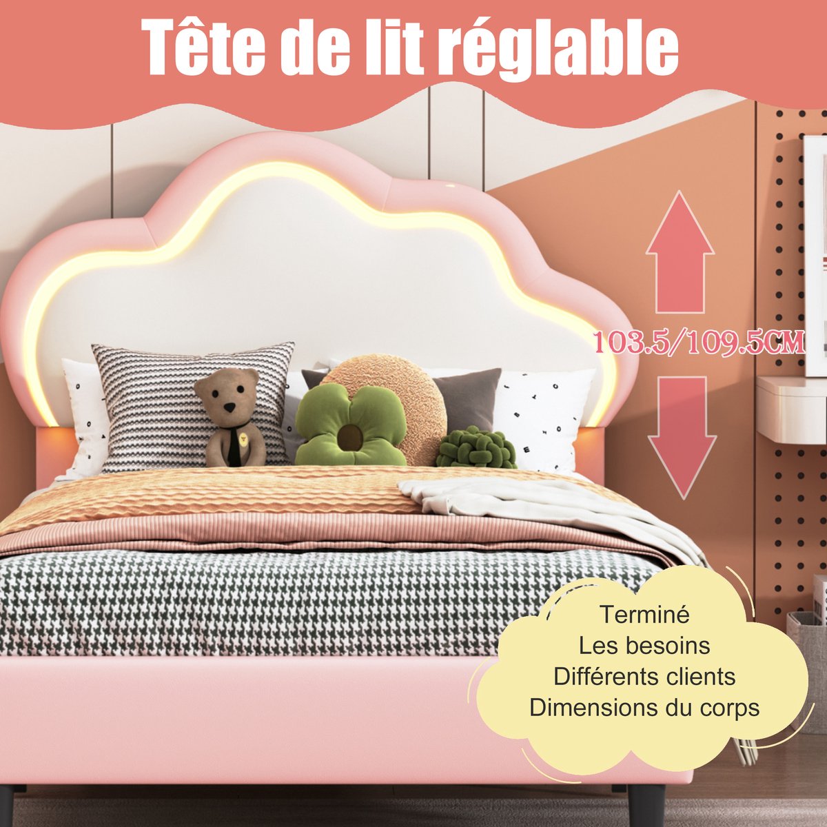Bed 90 x 190 cm met verstelbaar hoofdeinde - Fluweel - LED's - Roze Bed 90 x 190 cm met verstelbaar hoofdeinde - Fluweel - LED's - Roze