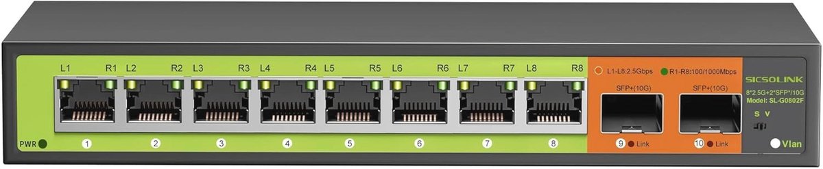 10-poorts 2.5Gb Schakelaar met 10G SFP Uplinks - Unmanaged, Fanless en Multi Gigabit