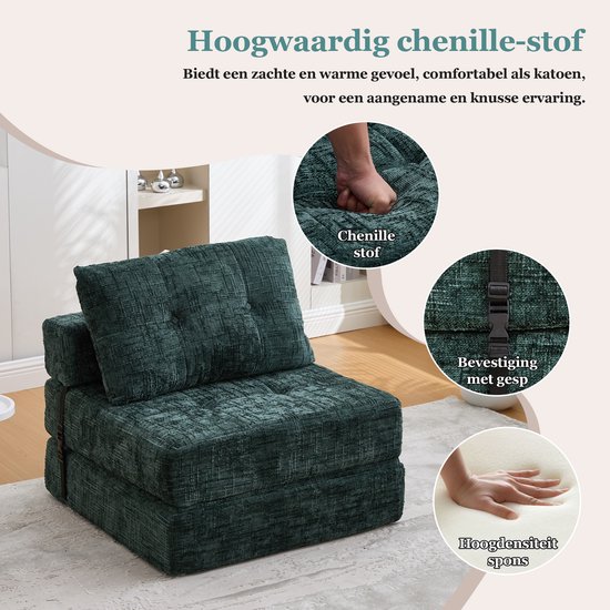 Smaragdgroene chenillestof futon met knopen en een gespbevestiging.
