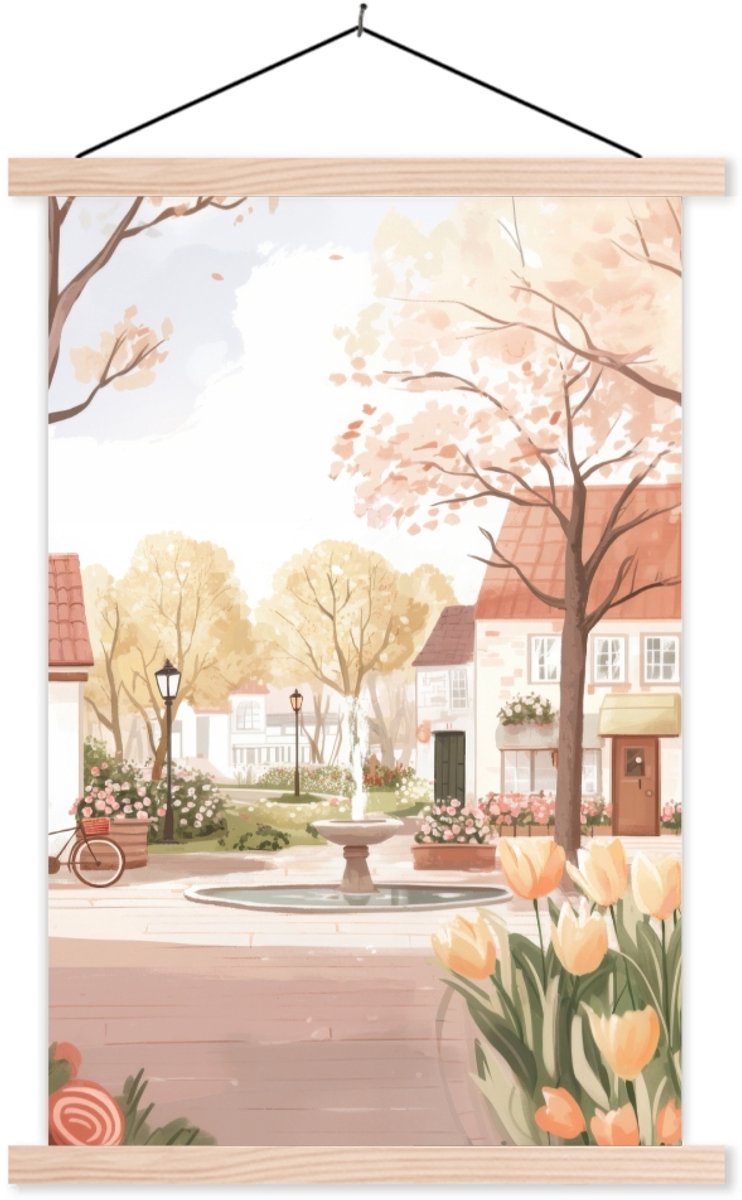 Posterhanger incl. Poster 120x180 cm - Schoolplaat - Dorpsplein - Fontein - Tulpen - Texti