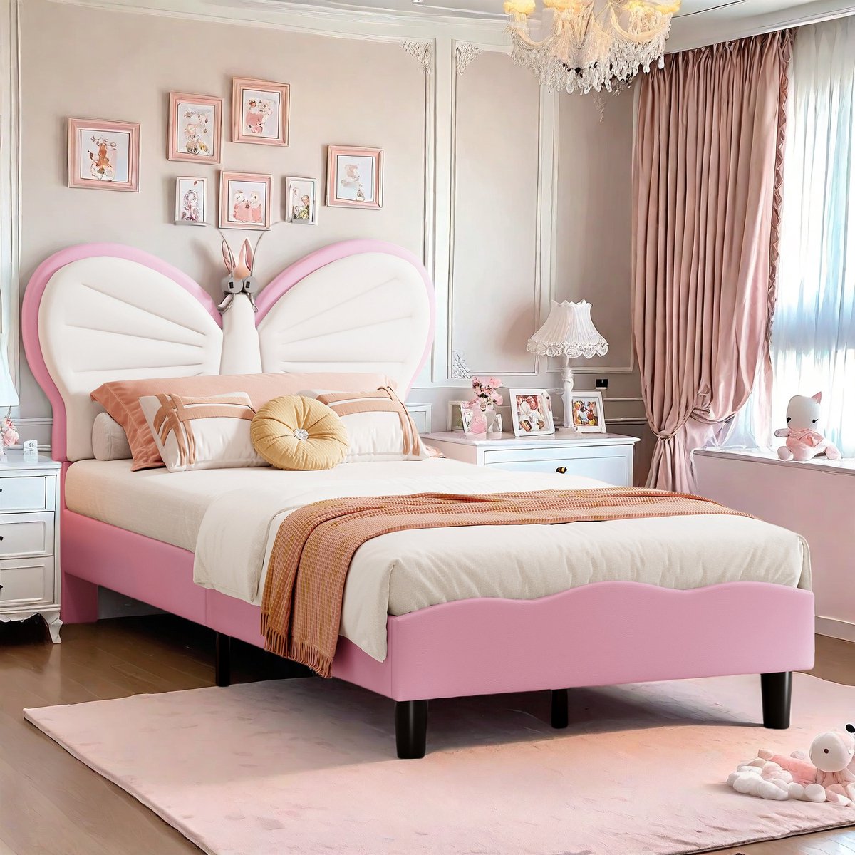 ROSAHQNDA Kinderbed 90 x 200 cm prinsessenbed met ledverlichting, verstelbaar hoofdbord, gewatteerd gestoffeerd eenpersoonsbedframe met lattenbodem voor kinderen en meisjes, fluweelroze (90x200cm roze vlindervorm)