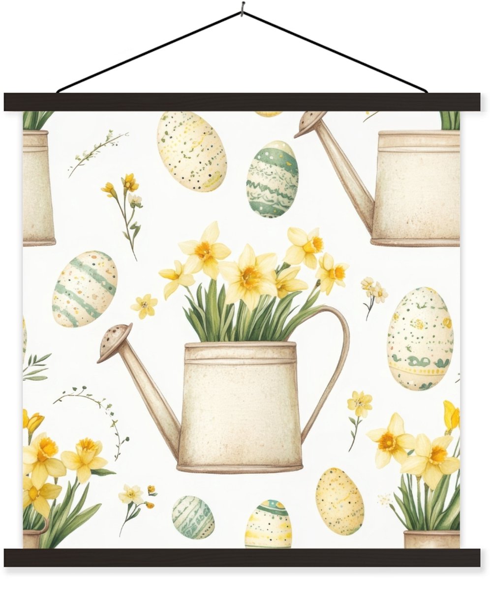 Posterhanger incl. Poster 120x120 cm - Schoolplaat - Gieter - Bloemen - Eieren - Textielpo