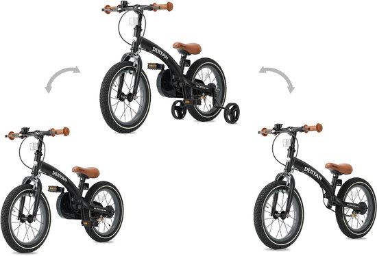 Démonstration des 3 modes du vélo enfant Deryan : avec roulettes, en draisienne et en tricycle.