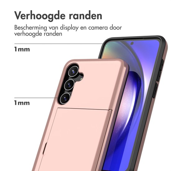 Roze telefoonhoesje, 1mm verhoogde randen voor camera en display, naast een telefoon.