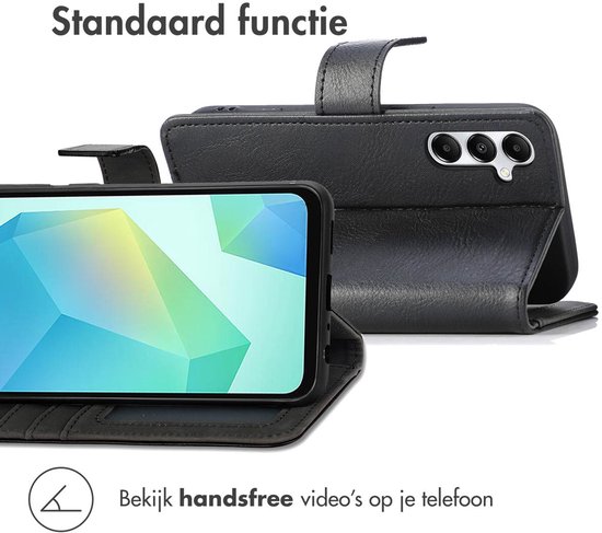 Étui portefeuille noir avec fonction de support, un téléphone y est placé.