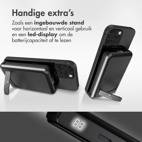 imoshion® Powerbank 10000 mAh met geïntegreerde kabels - Geschikt voor MagSafe - Snellader - USB C - LED-Display - Magnetische Powerbanks - Noodpakket
