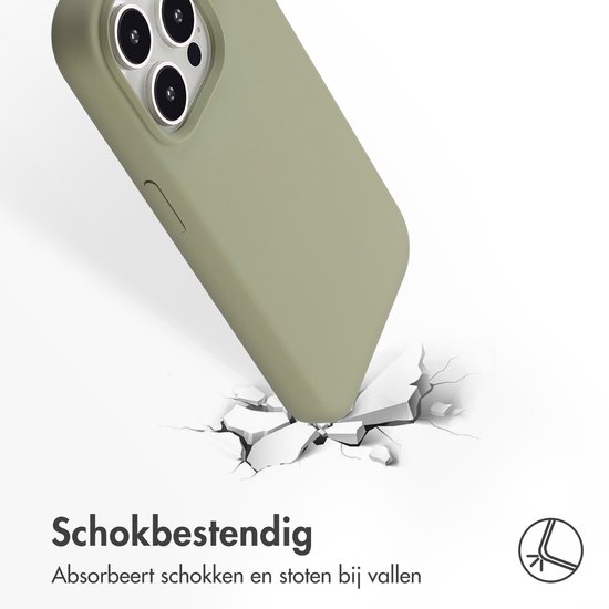 Donkergroen telefoonhoesje dat op een gebroken ondergrond valt. Tekst: 'Schokbestendig. Absorbeert schokken en stoten bij vallen'.