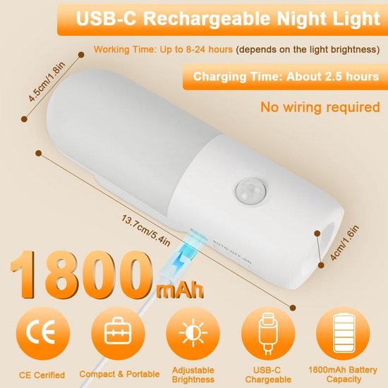 Dimbare LED Nachtlamp met Bewegingssensor en Oplaadbaar Design - 2 Stuks voor Veiligheid in Huis van Merkloos — afbeelding 5