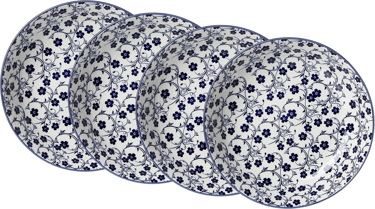 Set van 4 Porseleinen Soepborden Ø 20,5 cm - Blauw Wit Japans Patroon