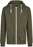 Olijfgroene hoodie met rits, capuchon, koordjes, steekzakken en logo op de voorkant.