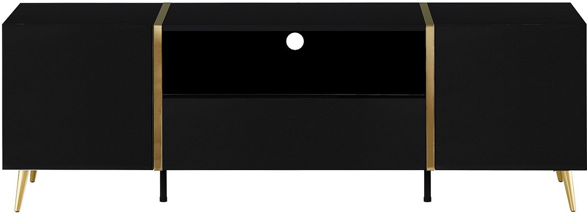 Vente-unique Tv-meubel met 2 deuren, 1 lade en 1 nis - Glanzend zwart en goudkleurig - MARZIALO