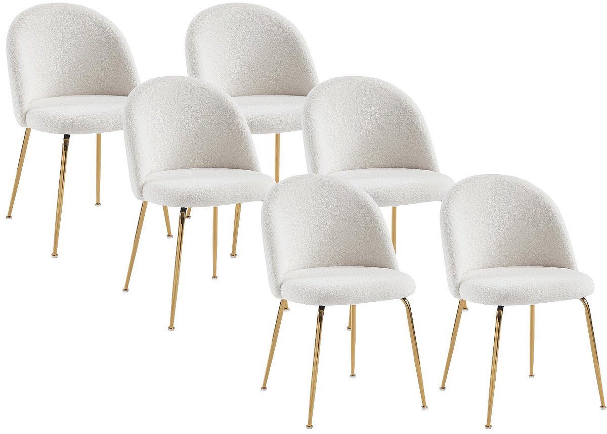 Vente-unique Set van 6 stoelen - Bouclé stof en goud metaal - Wit - MELBOURNE