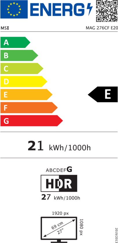 Energie-etiket voor een MSI MAG 276CFDE E20 monitor met klasse E.