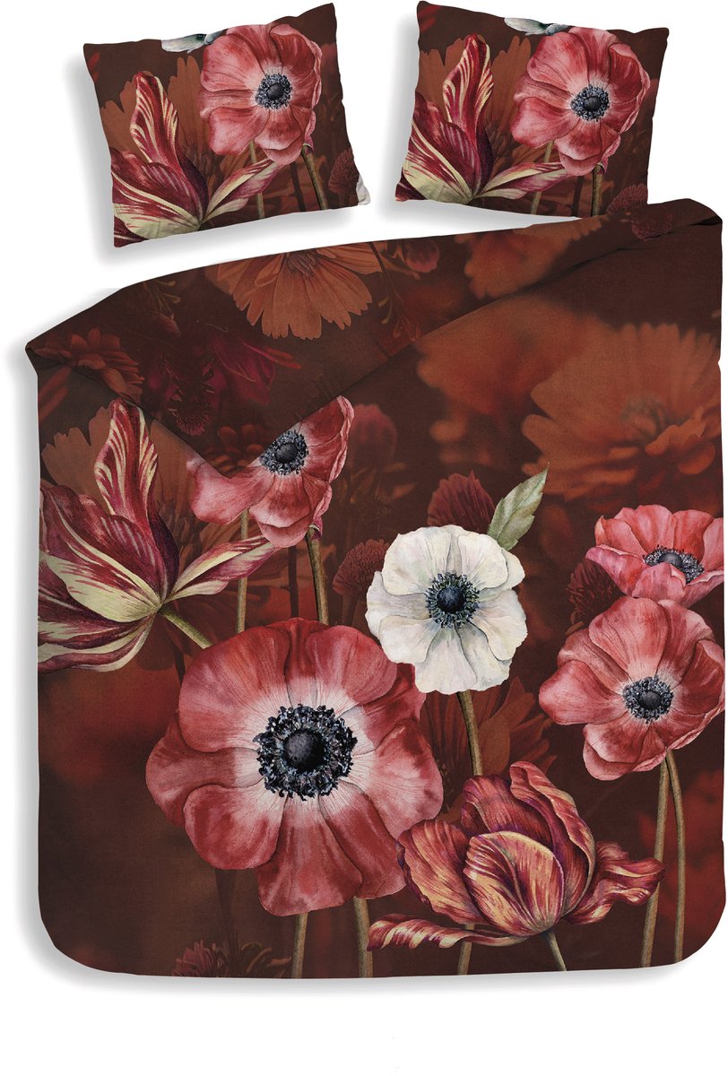 Heckettlane Dekbedovertrek Niall - Bedlinnen met Bloemen print - 260x200-220 cm Rood - Dekbedovertrek van 100% Katoen-Satijn Red