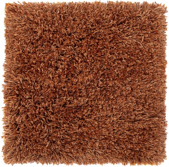 Bruin shaggy vloerkleed, vierkant, met lange, pluizige vezels.