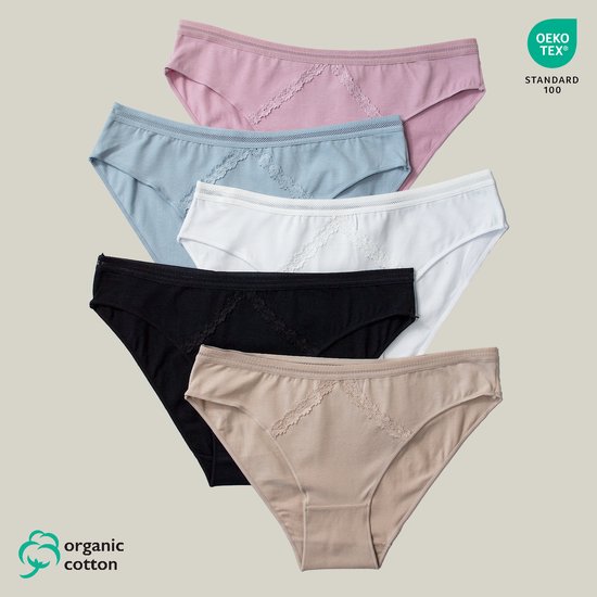 5-Pack Slips Mini Taille Femme Coton Organique - Bande Élastique - Garniture en Dentelle - Très Doux - Ne Marque Pas - 9102 Taille XL