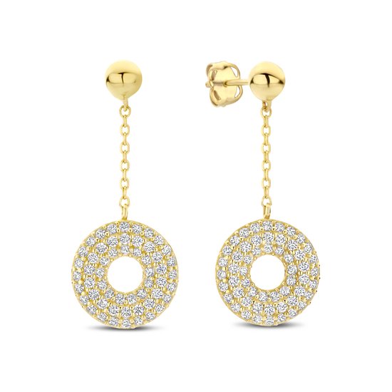 Boucles d'oreilles en or jaune 14 carats avec une boule sur une chaîne, ornées de zirconias dans un motif circulaire.