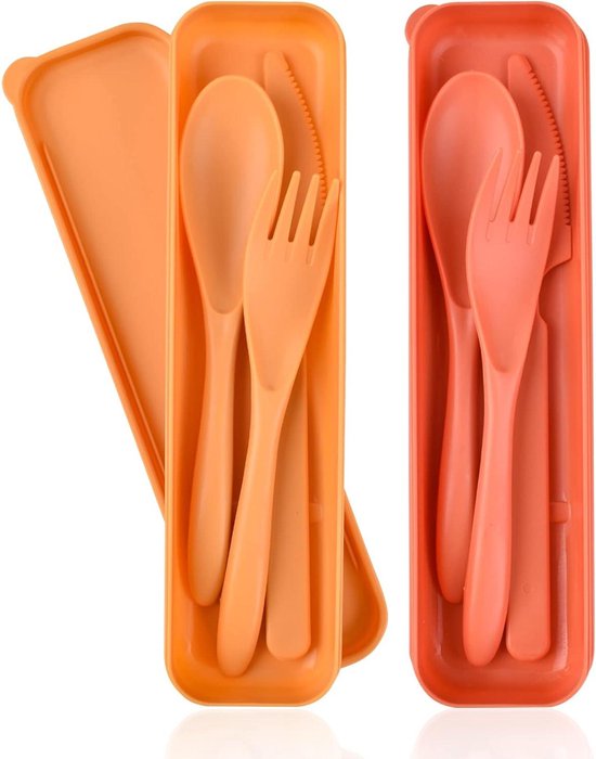Foto: Reisbestekset met koffer draagbare bestekset voor reizen en picknick herbruikbare plastic vorken en lepel camping bestekset voor onderweg oranje en gele lunchset