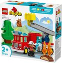 Set de camion de pompiers LEGO Duplo avec pompier, arbre, écureuil et flammes.