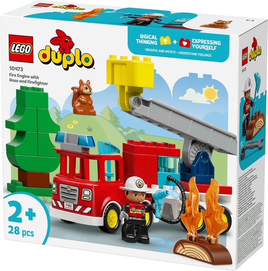 Set de camion de pompiers LEGO Duplo avec pompier, arbre, écureuil et flammes.