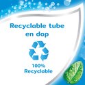 Recycling symbool met tekst "Recyclebare tube en dop 100% Recyclebaar".