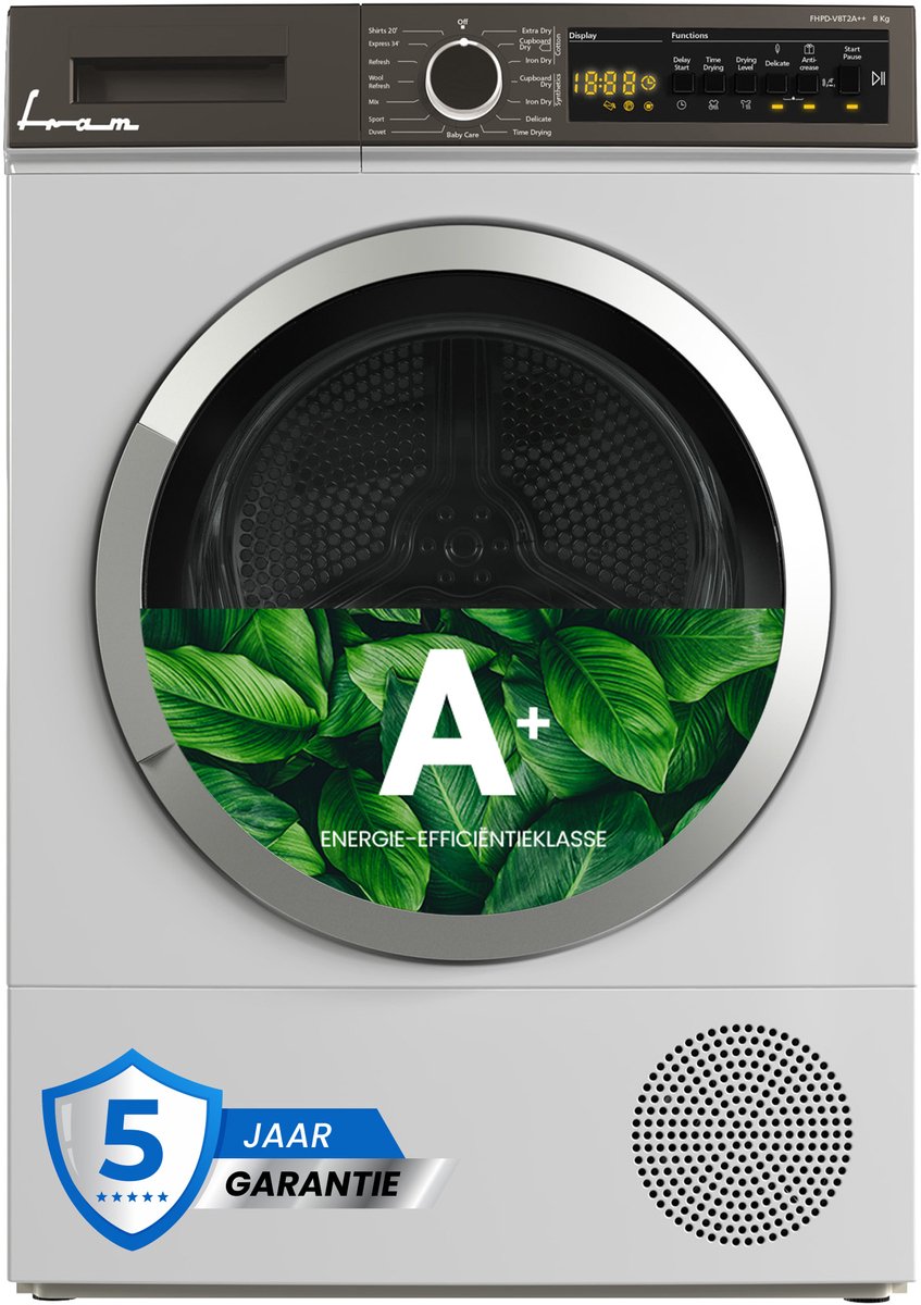 Fram FHPD-V9T2A++ Wasdroger - Warmtepompdroger- 9 kg - 15 Droogprogramma's - LED display - Uitgestelde start – Kinderslot – 5 Jaar Garantie – Wit