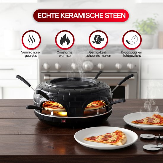 CuisineKing 3-in-1 Pizza Grill Oven G1 - 6 Personen - Raclette, Grill en Pizzaoven - Handgemaakte Terracotta Koepel - Gourmetstel - Incl. 6 Spatels en deegvorm — afbeelding 5