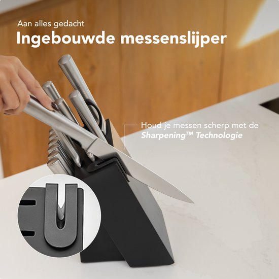 Beste Messen Voor Beginners Hecef 14-delig Messenset Met Slijpsteen & Blok - Roestvrij Staal, Anti-aanbak, Ergonomisch Handvat, Crème Kleur Messenset Zwart