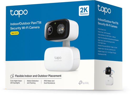 Verpakking van Tapo beveiligingscamera. Bevat afbeelding van camera, specificaties en 2K resolutie.