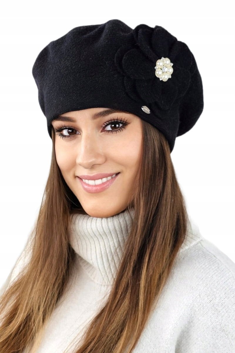 Dames Beret Zwart Wol Met Sierlijke Bloem - Kalia