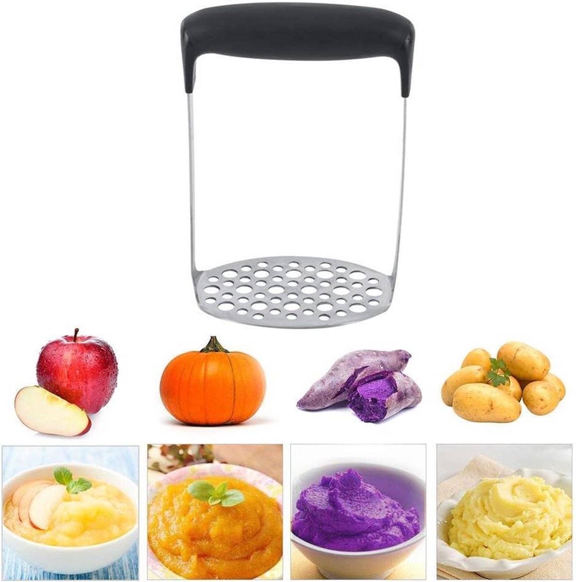 Stalen aardappelstamper voor kindervoeding en fruitpers met 6 mm en 9 mm rijen