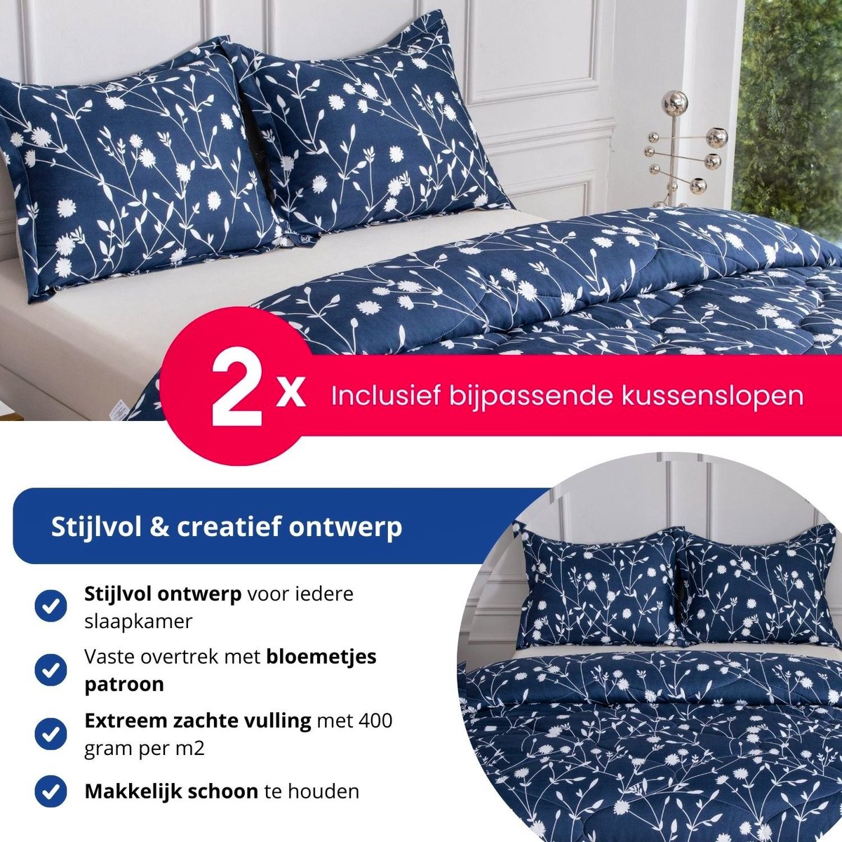 FamHarbor Dekbed, 220 x 240 cm, 4 seizoenen, licht dekbed met witte bladeren, plantenprint, met 2 kussenslopen voor tweepersoonsbed, paars, dekbed zonder overtrek, wasbaar, EA75