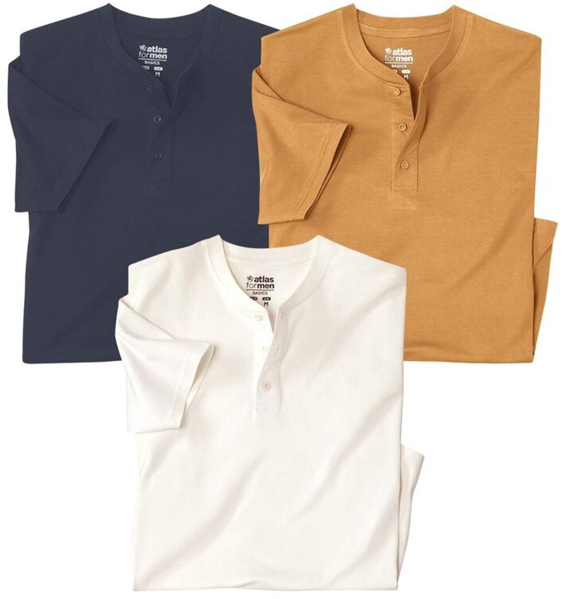 ATLAS FOR MEN - Set van 3 T-shirts met knoopsluiting - Heren - Verkrijgbaar in grote maten - M