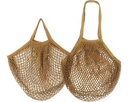 Nettas - Boodschappen tas - Net zak - 2 Nettasjes - Katoen - Herbruikbaar - Eco - Fruittas - Gehaakte tas - Mesh bag - Ideaal voor het opbergen van alles - Bruin