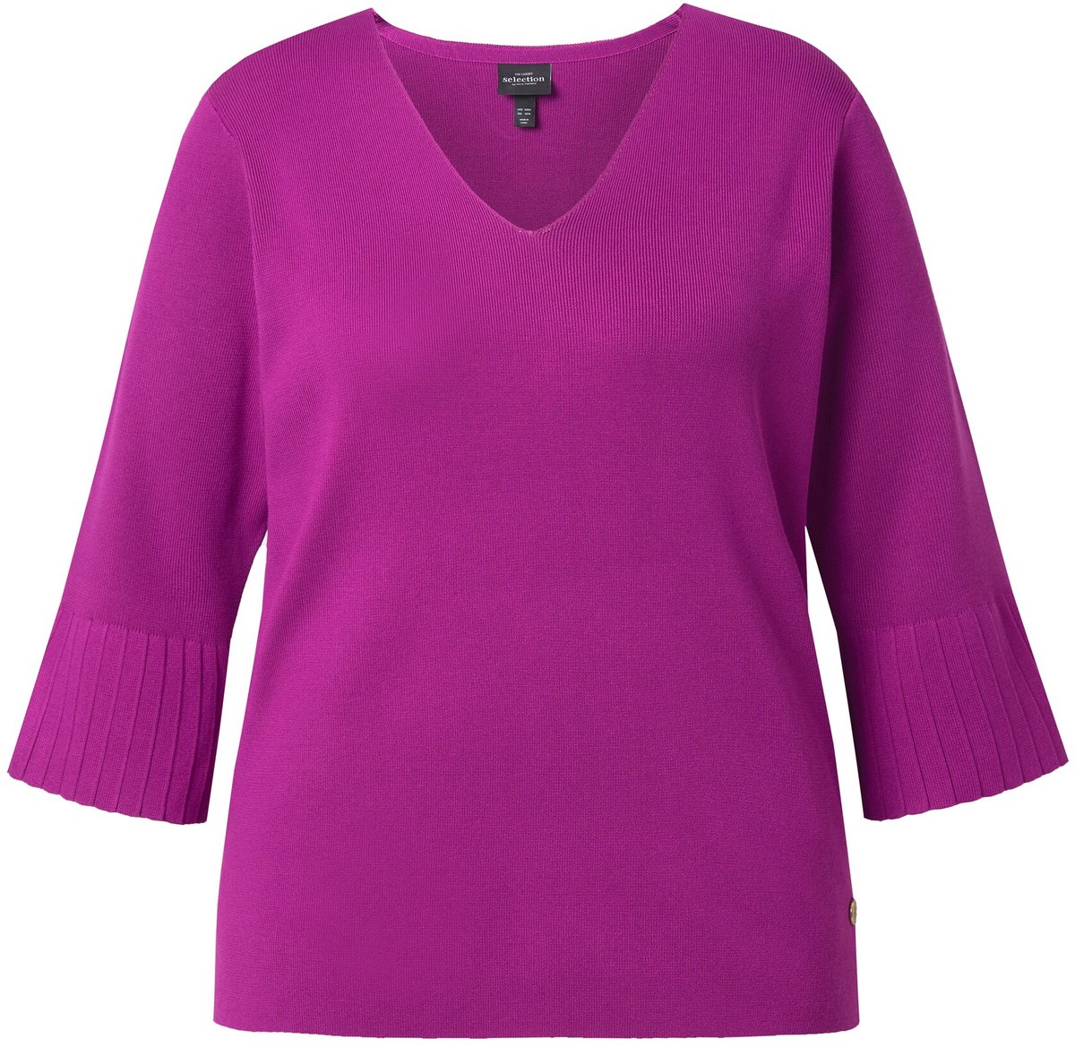 Ulla Popken - Dames - Trui fijngeribd breisel V-hals 3/4-volantsmouwen - Bes - Maat 42+