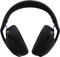 Zwarte Logitech G gaming headset met stoffen hoofdband en paarse veren, van bovenaf gezien, op witte achtergrond.