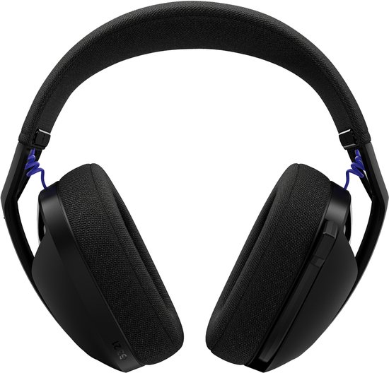 Zwarte Logitech G gaming headset met stoffen hoofdband en paarse veren, van bovenaf gezien, op witte achtergrond.