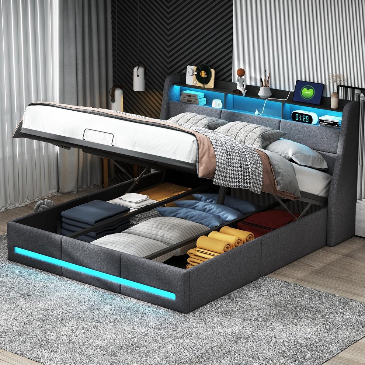 Gestoffeerd Tweepersoonsbed 140x190 cm met Opbergruimte, LED Verlichting en USB-C Lader