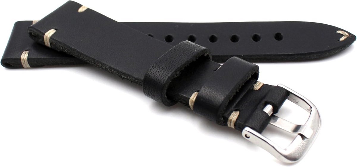 22mm Zwart Leren Horlogeband Vintage Pilot Stijl