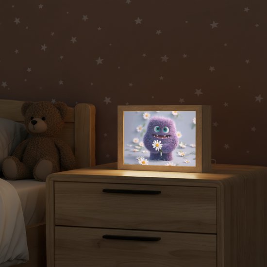 Nachtlampje 20x15 cm - Kinder lampje - Monster - Paars - Madeliefjes - Tafellamp kinderkamer - Slaapkamer lamp - Bedlamp kinderen - Kinderlampje stopcontact - Wandlamp babykamer - Nachtlampjes van QAZQA — afbeelding 2
